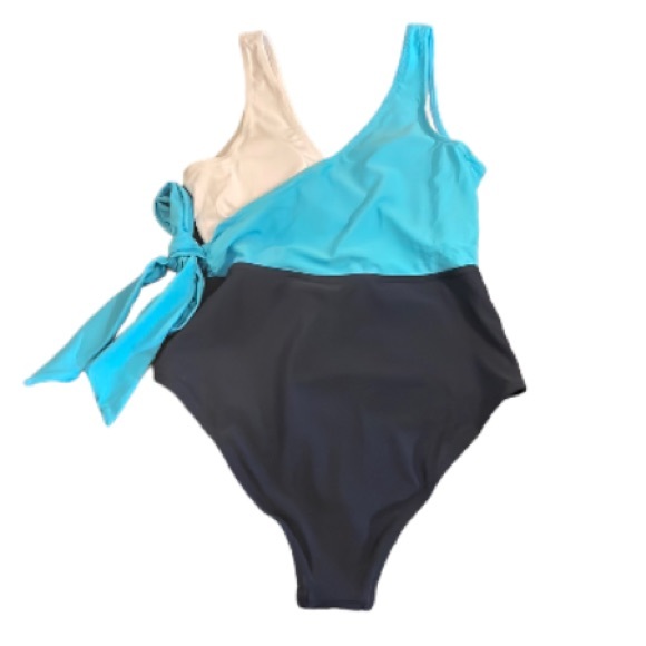 CUPSHE One Piece Blue Swimsuit Wrap Color Block with Tie Size Medium - Picture 12 of 16